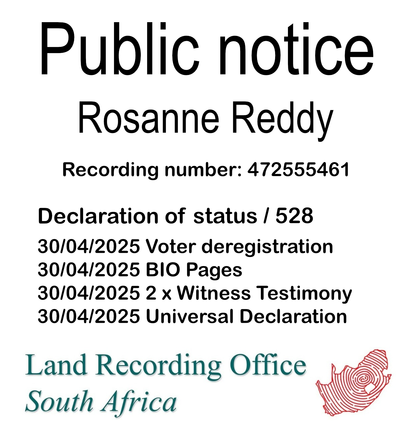 Public Notice Rosanne Reddy (c) Recording number 472555461